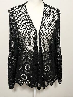 Forever 21 Black Open Front Crochet Cardigan Coverup. Scallop Accents. 
One Size